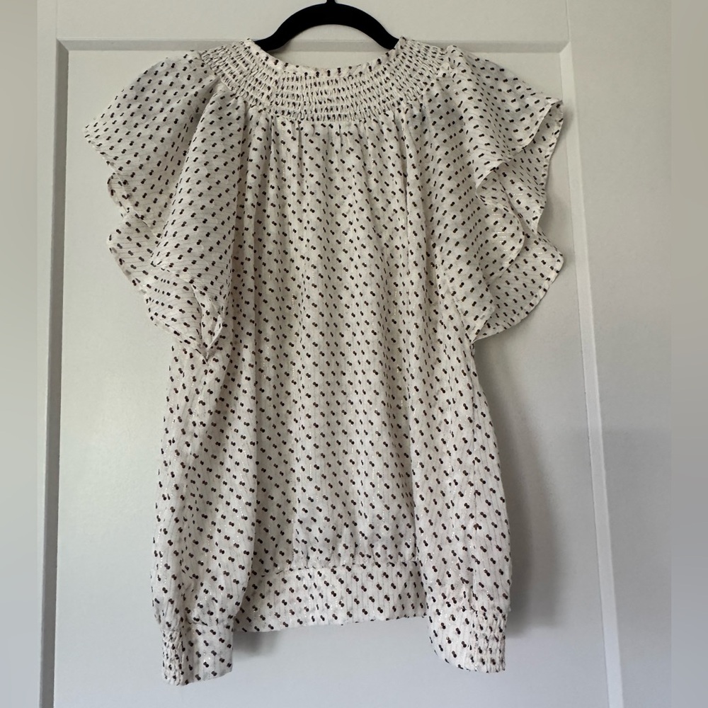 NWT Express White, Black, & Brown Polka Dot Blouse Gold Metallic Threads Size L